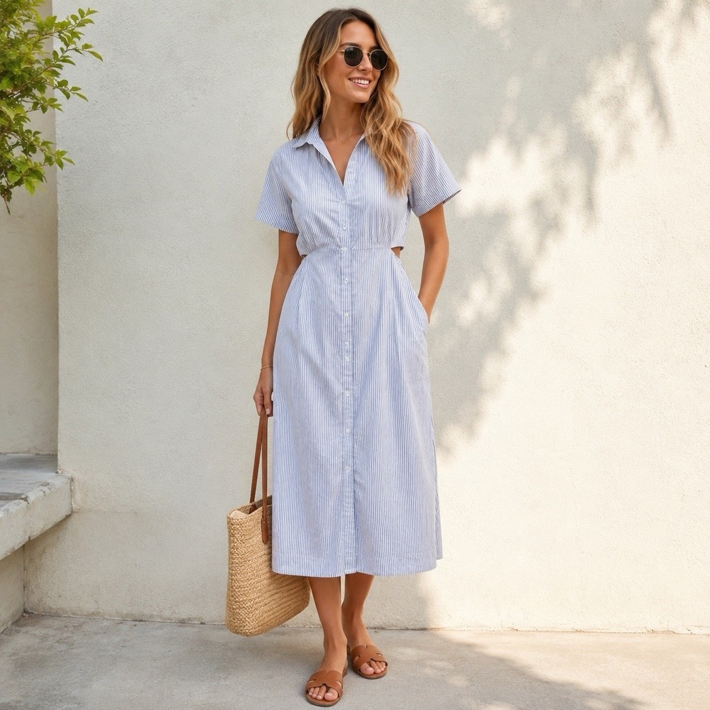 Old Navy XL Blue White Striped Shirt Dress Side Cutout Cotton Preppy Coastal